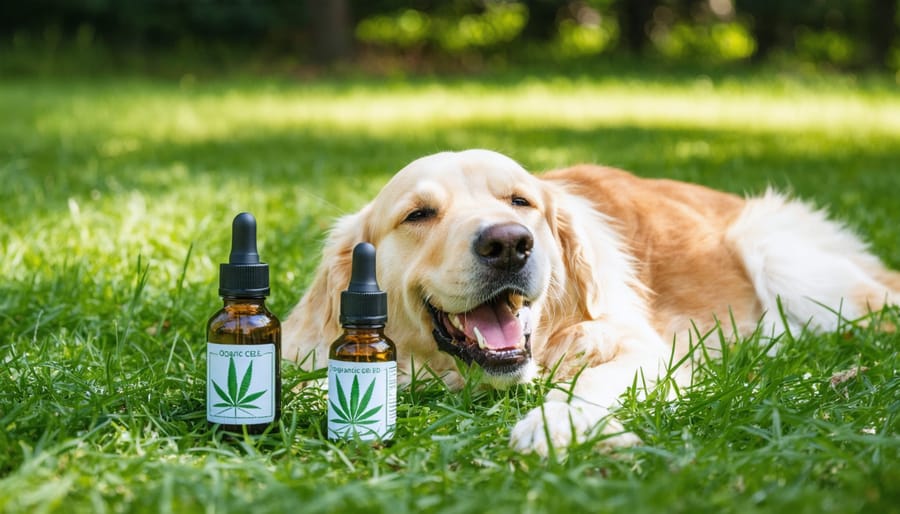 A peaceful dog lying on the grass, surrounded by nature, with bottles of organic CBD oil showcased beside it, highlighting the natural benefits of CBD.