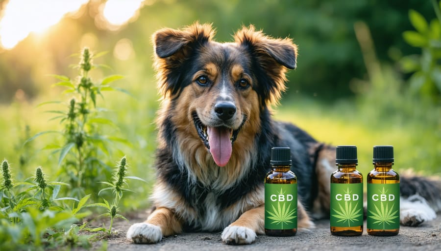 Content dog lying on grass next to bottles of organic CBD oil