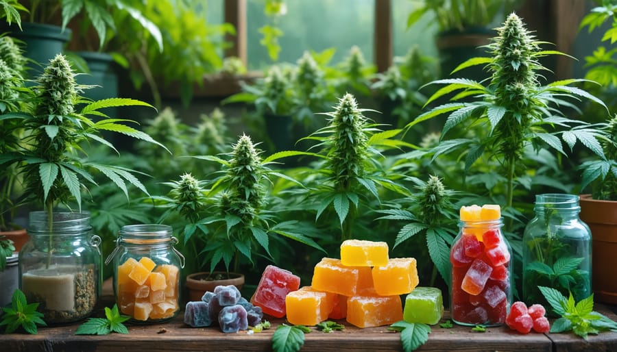 A tranquil home garden with organically grown cannabis plants and a display of assorted homemade CBD gummies, highlighting the process and creativity behind crafting organic cannabis products.