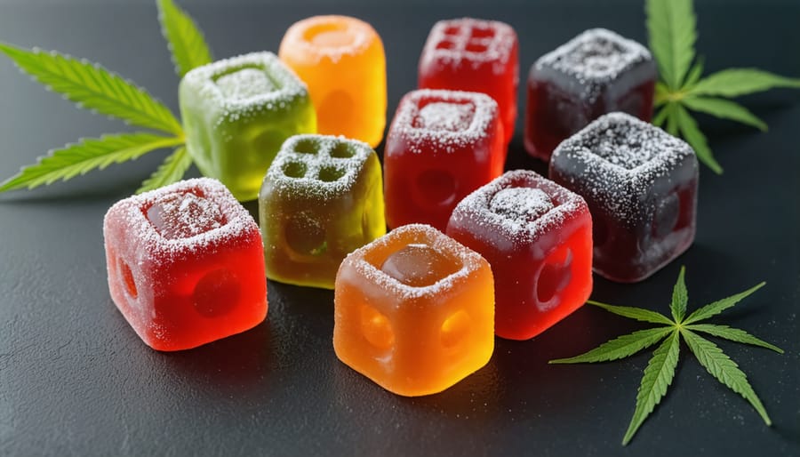 Assortment of colorful CBD gummies made at home featuring different shapes