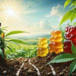 Conceptual illustration of the journey of organic CBD gummies, showcasing the transition from a cannabis farm, through oil extraction, to vibrant gummies, highlighting the organic cultivation process.