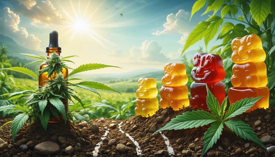 Conceptual illustration of the journey of organic CBD gummies, showcasing the transition from a cannabis farm, through oil extraction, to vibrant gummies, highlighting the organic cultivation process.