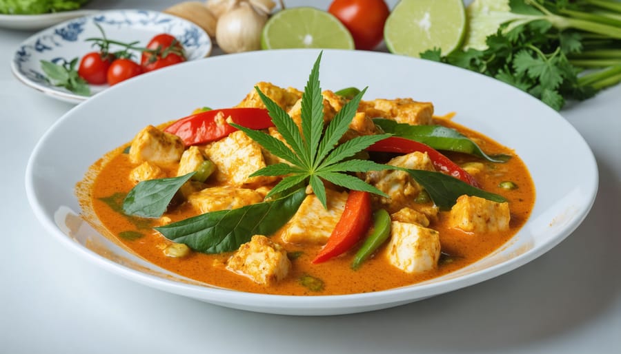 Vibrant Thai curry dish infused with cannabis, garnished with herbs and spices