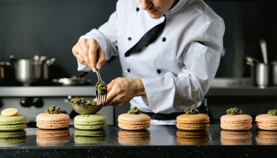 Chef delicately infusing macarons with cannabis ingredients in a kitchen