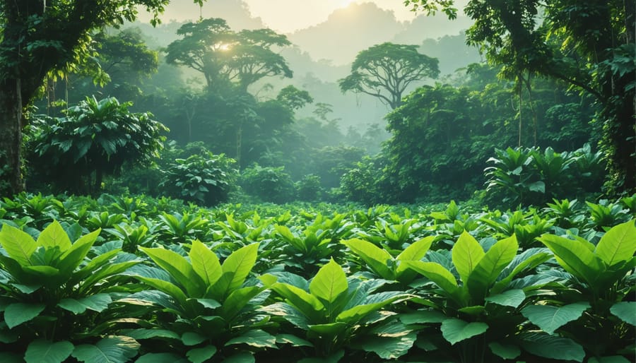 Thriving green kratom plants in a tropical environment