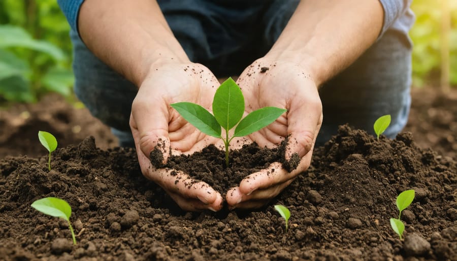 Close-up of hands planting kratom seeds in organic prepared soil