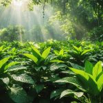 A flourishing kratom plantation showcasing lush green leaves in a tropical setting, illustrating successful organic cultivation.