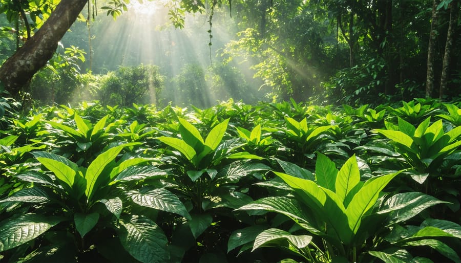 A flourishing kratom plantation showcasing lush green leaves in a tropical setting, illustrating successful organic cultivation.