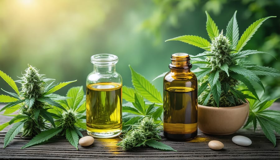 Various organic carrier oils including MCT and hemp oil alongside cannabis extract