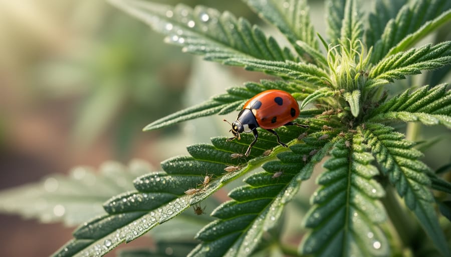 Ladybug beetle on cannabis leaf hunting aphids as natural pest control