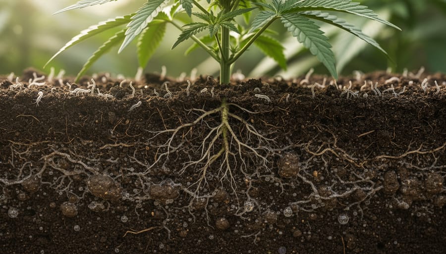 Close-up of dark living soil with visible organic matter and fungal networks held in hands