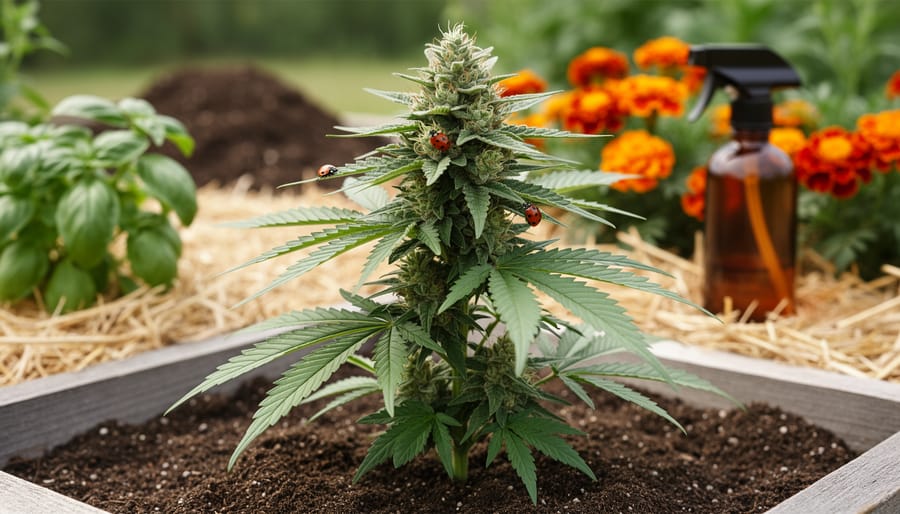Eye-level close-up of an organic cannabis plant in a raised living-soil bed with ladybugs on its leaves, straw mulch and companion plants blurred in the background under soft natural daylight.