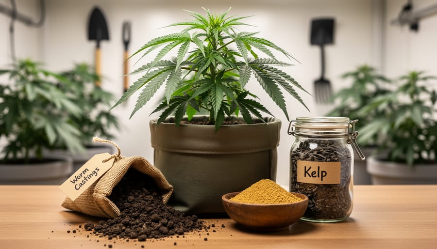 Overhead view of organic soil amendments including kelp meal, bone meal, and worm castings in bowls