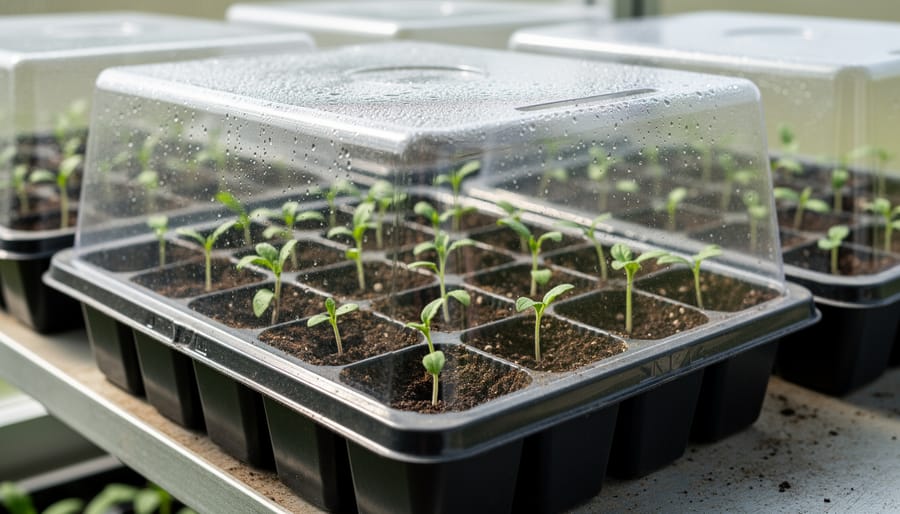 Hands covering a seedling tray with a humidity dome while cannabis seedlings are visible underneath
