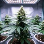 Healthy cannabis plant growing inside a home grow tent under LED grow lighting.