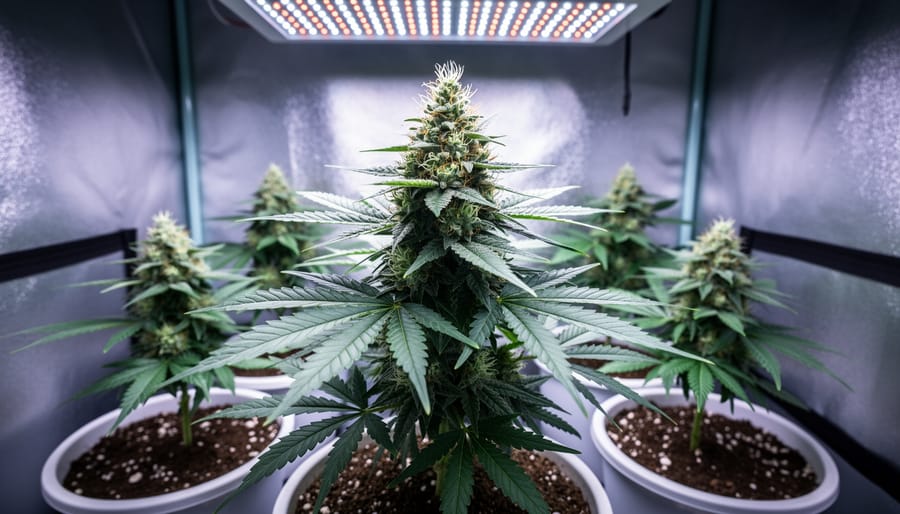 Healthy cannabis plant growing inside a home grow tent under LED grow lighting.